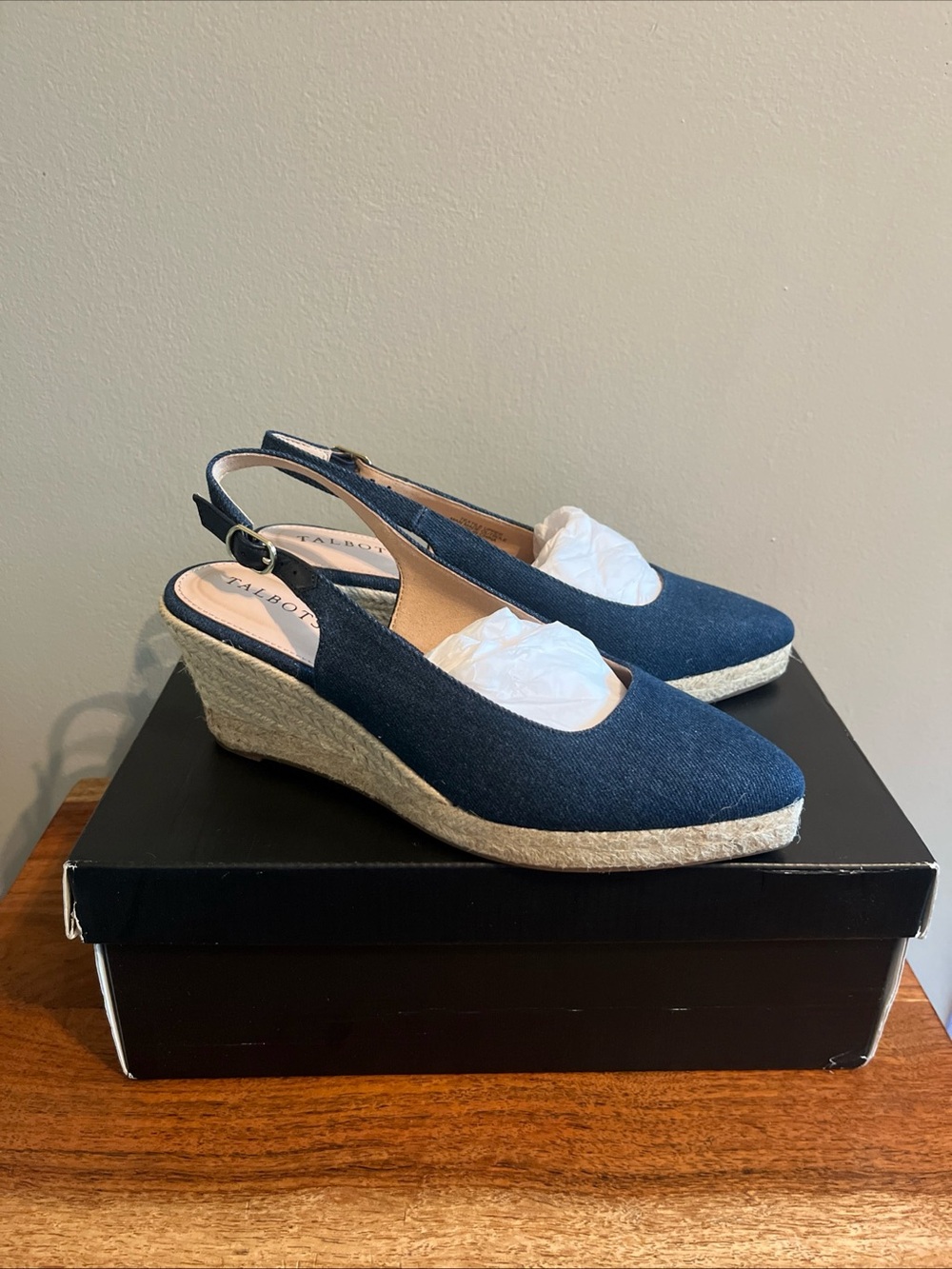 NEW! Talbots 7M Blue Dark Denim Vivi Espadrille Wedge Slingback Sandal Heel